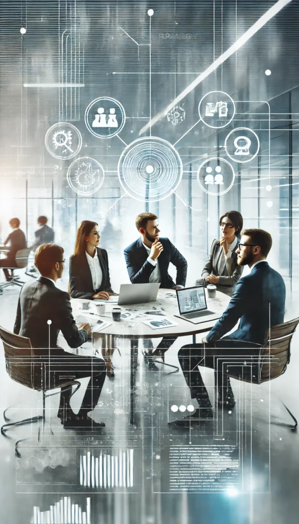 DALL·E 2025-02-17 16.06.36 - A professional and modern business strategy session where a small team is engaged in discussion, brainstorming ideas, and planning solutions. The sett