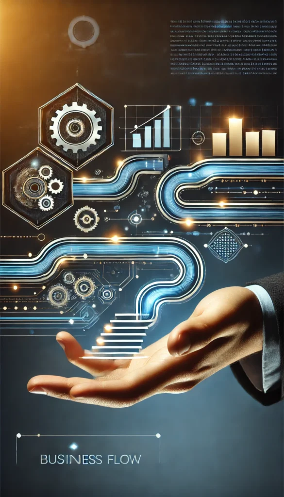 DALL·E 2025-03-08 18.26.46 - A modern and visually engaging business workflow concept. The image should depict a sleek and professional process flow with abstract elements like in